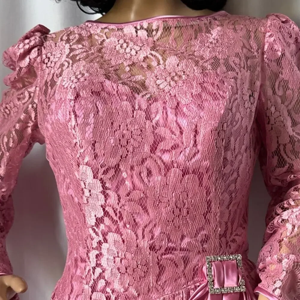 American vintage 70's pink lace prom Bridesmaid midi dress small